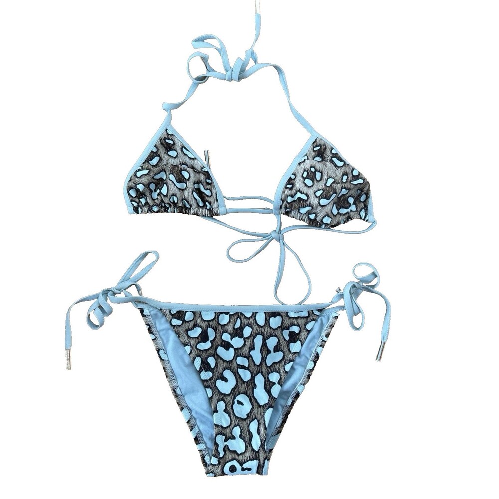 Roberto Cavalli Beachwear Leopard Bikini Set Blue Trim Azzurro Sz 38 IT/XXS NEW - Picture 1 of 11